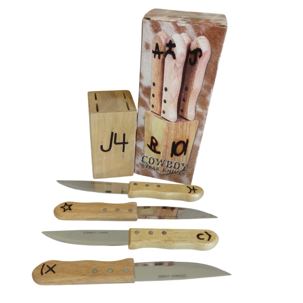 Vintage Cowboy Living Steak Knives Set of 4 Hand Branded Wood Handles +Block Box